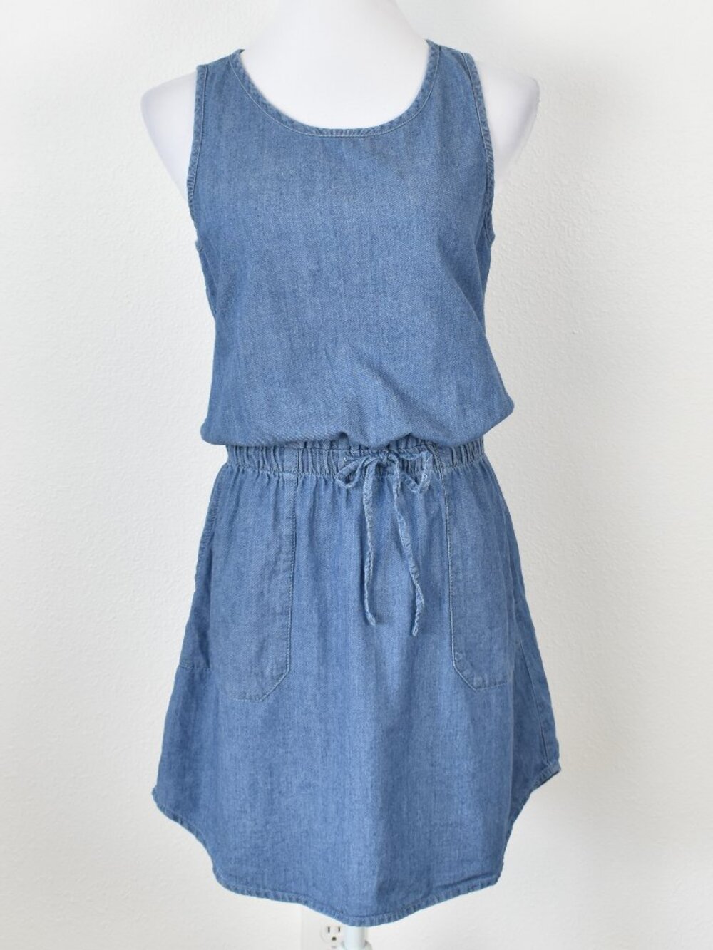 PACT Chambray Sleeveless Drawstring Mini Tank Dress - M - Picture 3 of 9